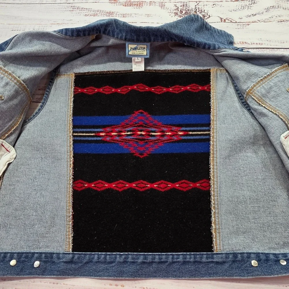 Pendleton Denim Trucker Vest Womens Large Blue Good Southwestern Wool Trim